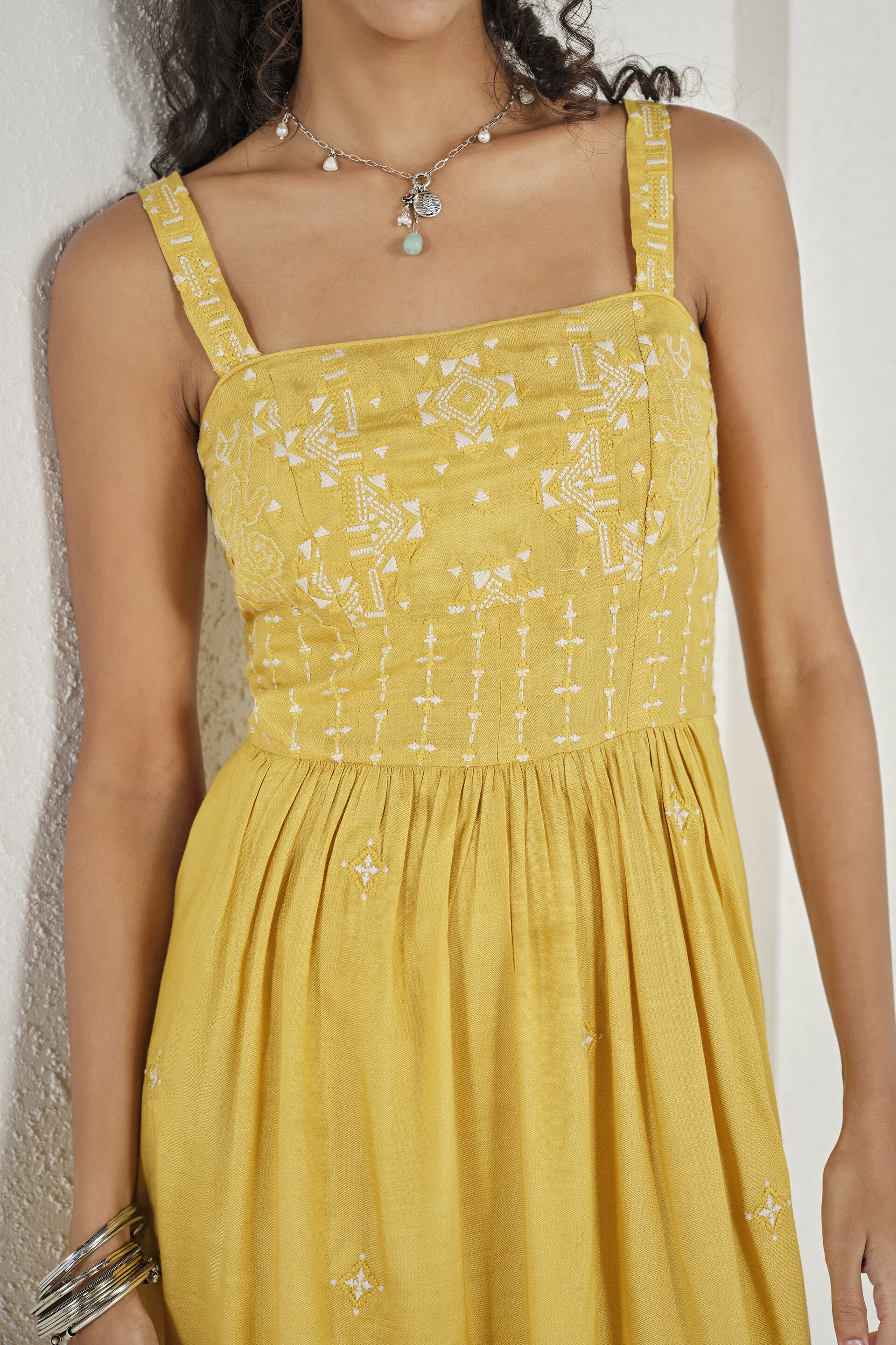 Mustard Strappy Embroidered Dress, Mustard, image 4